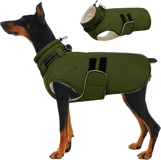 IECOii Dog Coats for Large Dogs Winter Waterproof Jacket with Collar Built in, XXL Dog Coat for Cold Weather Warm Snow Jacket with Thermal Fleece Lining, Reflective Pet Snowsuit Large,Army Green - 2XL