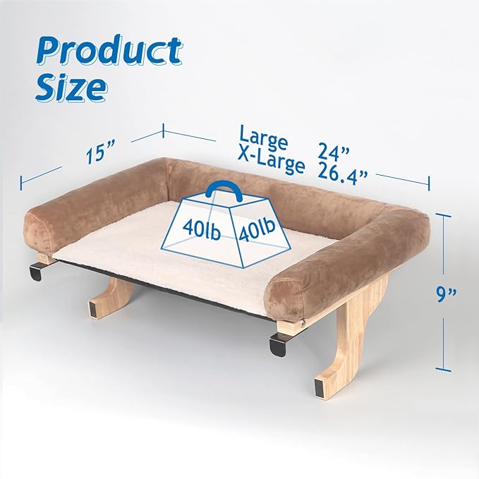 Zakkart Cat Perch for Window Sill with Bolster - Orthopedic Hammock Design with Premium Hardwood & Robust Metal Frame - Cat Window Seat for Large Cats - Natural Color Wood Brown Bed, XLarge 26.4''W