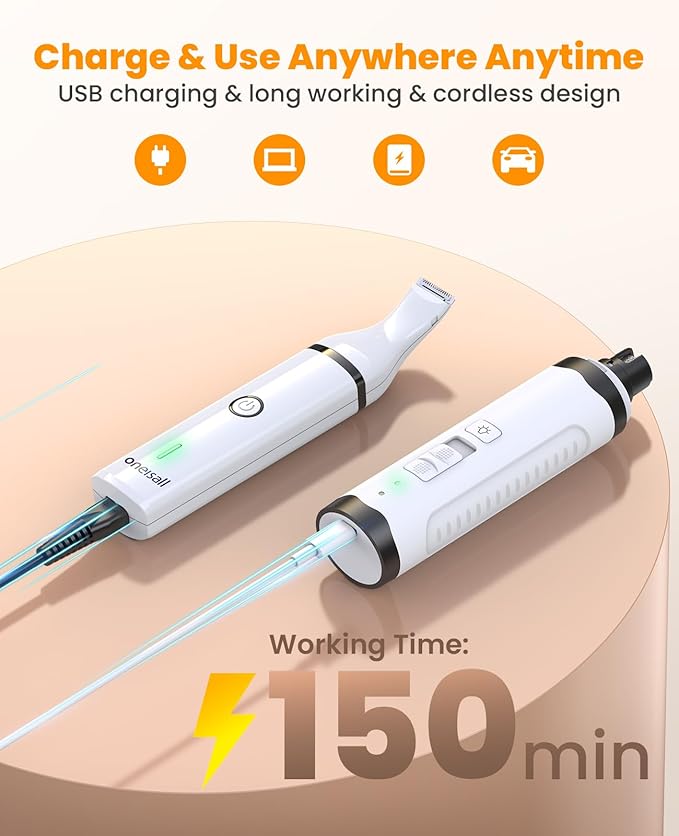 oneisall Dog Nail Grinder and Paw Trimmer Kit 3 in 1 Quiet Rechargeable Electric Pet Nail Grinder with 2 LED Lights and Cordless Dog Grooming Safe Clippers