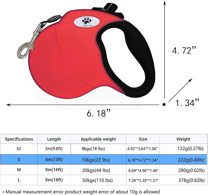 13 ft Retractable Dog Leash for Large Dogs up to 26 lbs,Tangle-Free Nylon Tape,Red S