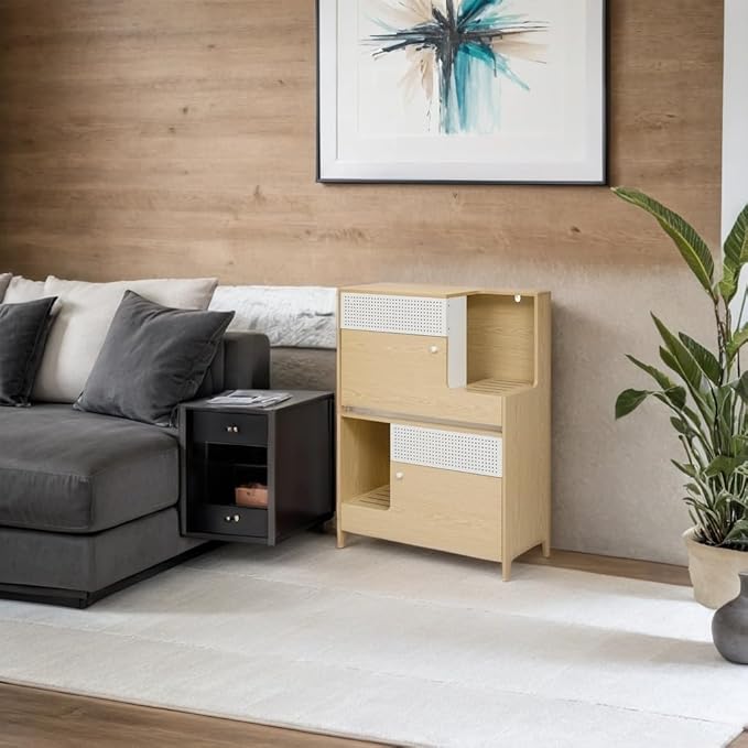 Modern 2 in 1 Cat Furniture, Cat Litter Box Enclosure Side Table, Cat House with Storage, for 2 Small-Medium Sized Cats, Natural