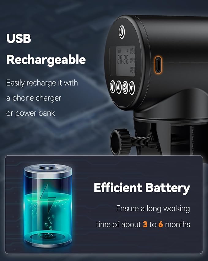 Pawfly Automatic Fish Feeder for Aquarium USB Rechargeable Vacation Timer for Fish Tank 200 ml Adjustable Auto Fishes Food Dispenser for Pellets Granules & Strips