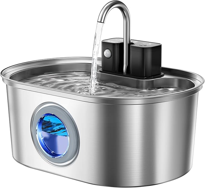 Stainless Steel Cat Water Fountain 108oz/3.2L:Battery Operated Wireless Cat Fountains for Drinking Indoor, Automatic Pet Water Dispenser with Ultra Quiet Pump,Multi-Filtration,Easy Clean BPA-Free