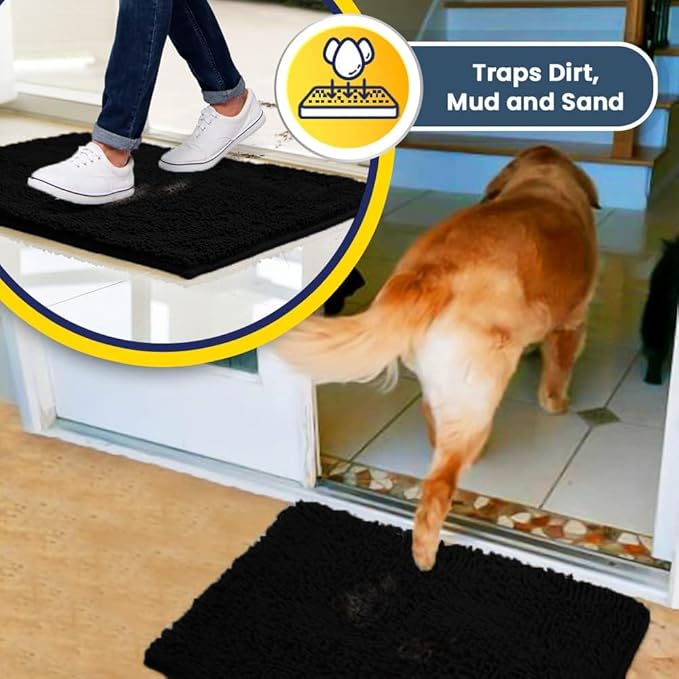 Muddy Mat® | Super Absorbent Door Mat Indoor, Microfiber Quick Dry Chenille Entryway Rug, Non-Slip Front Door Mat, Indoor Mats for Entryway, Machine Washable Pet Rug, Black XXL 60"X48"