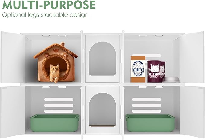 Double Litter Box Enclosure with Cat Scratch Mat & Motion Sensor Light, Wooden Litter Box TV Stand for 2 Litter Boxes & 2 Cats (White)