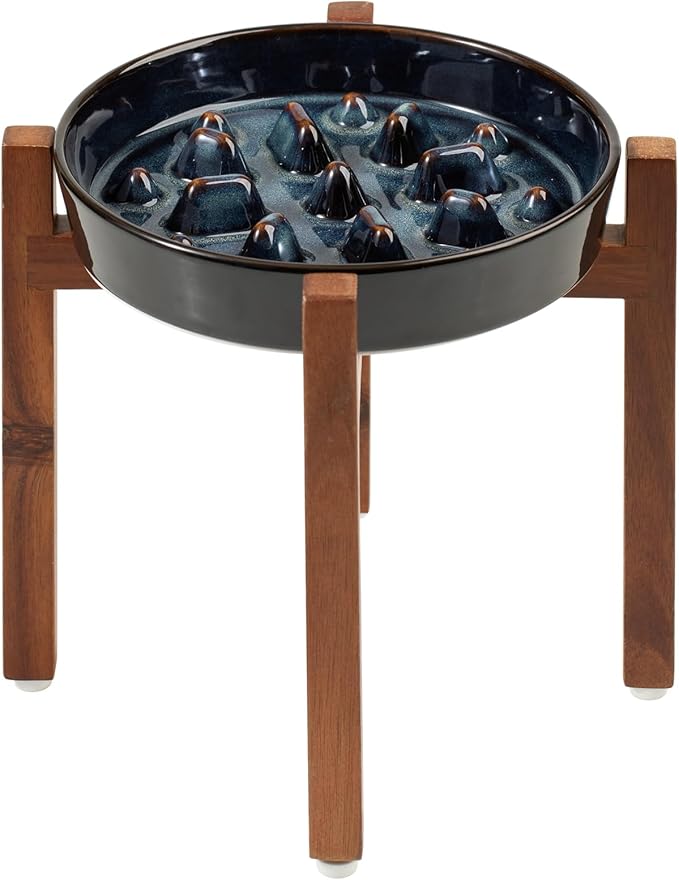 Ceramic 1.6 Cup Raised Slow Feeder Dog Bowl Set, Elevated Acacia Wood Stand for Medium and Large Dogs, 8.2inch Slow Pet Dish for Fast Eaters(1 Bowl & Stand,Starry Sky)