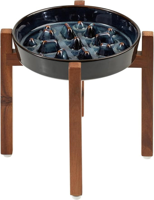 Ceramic 1.6 Cup Raised Slow Feeder Dog Bowl Set, Elevated Acacia Wood Stand for Medium and Large Dogs, 8.2inch Slow Pet Dish for Fast Eaters(1 Bowl & Stand,Starry Sky)
