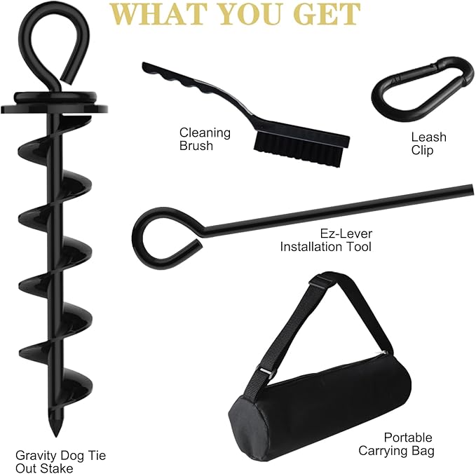 Eurmax USA Heavy Duty Dog Tie Out Stake for Large Dogs up to 210 lbs,Dog Stakes for Outside,Ground Anchor for Dog Leash,Runner Cable, Pet Gadget Dog Accessories Trampoline Stakes(1,Medium,Black)