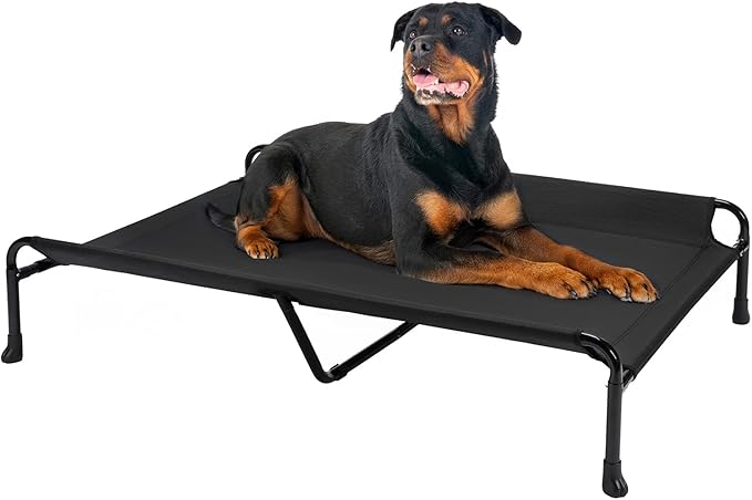 Veehoo Elevated Dog Bed, Raised Dog Cots for Large Dogs, Waterproof Outdoor Dogs Bed, Cooling Pet Hammock with Guardrail, Upgraded Non-Slip Feet, Breathable Teslin Mesh, Black, 47x 29 inches