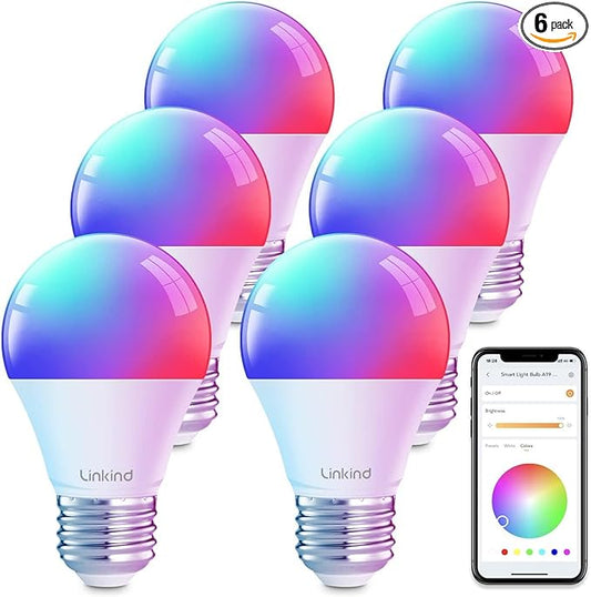 Linkind Smart Light Bulbs, Smart Bulb That Work with Alexa & Google Home, LED Light Color Changing, A19 E26 WiFi Light Bulb Dimmable, RGBTW Alexa Bulb No Hub Needed 800 Lumen, 2.4Ghz WiFi, 6 Pack