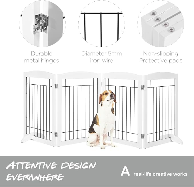 PAWLAND Extra Wide Dog gate for The House, Doorway, Stairs, Dog Fences Indoor, Freestanding Foldable Wooden Pet Gates for Dogs, Set of Support Feet Included, 96 in Wide 30 in Tall, 4 Panels White