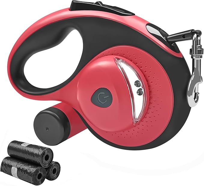 Retractable Dog Leash with Light - 16Ft Leashes with Poop Bag & Holder, One Button Break & Lock, 360°Tangle Free, Anti Slip Grip, Red