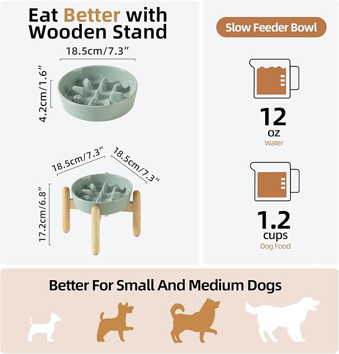 Ceramic 1.2 Cup Dog Raised Slow Feeder Set, Elevated Bowl with Wooden Stand for Medium and Small Dog, 7.3inch Slow Feeder Dish for Fast Easters(Light Green, Single Bowl+ Stand)