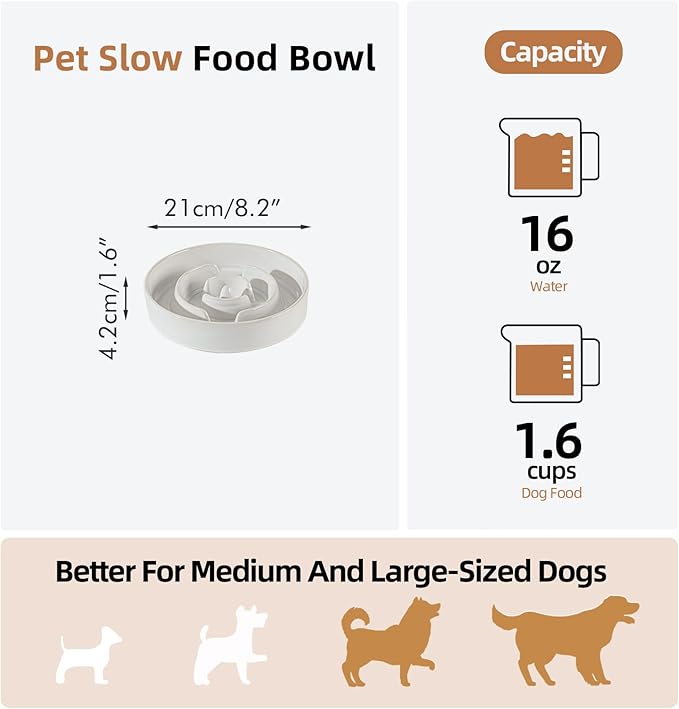 Ceramic 1.6 Cup Dog Bowl Slow Feeder for Large and Medium Dog, 8.2inch Pet Slow Dish, Stop Bloat, Preventing Choking(Single Bowl, Reactived Glaze -White)