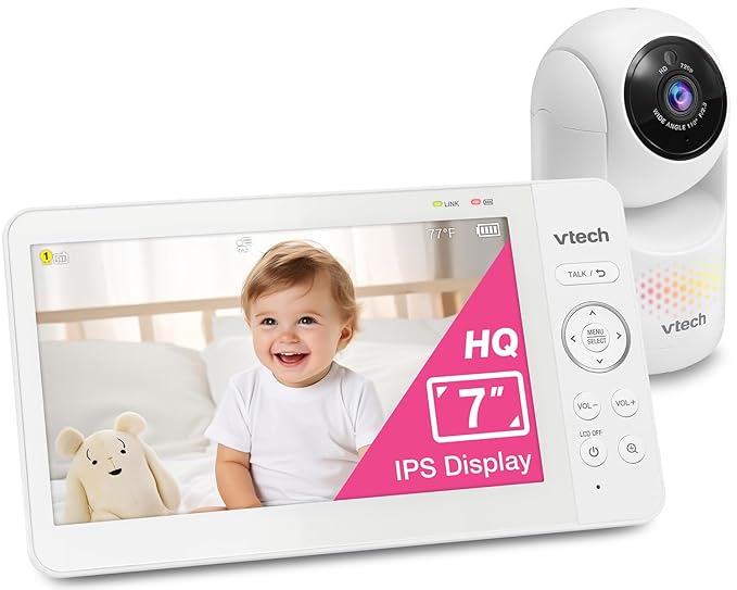 VTech 7" Baby Monitor with IPS Screen, Pan Tilt Zoom Camera, No WiFi Video Baby Monitor with Camera and Audio, Multi-Color Night Light, 2-Way Talk, Lullabies, Advanced HQ Max