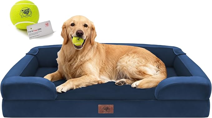 Extra Large Dog Bed, Orthopedic XL Washable Bed for Big Dog Waterproof Pet Couch Sofa Bolster with Removable Cover, Non-Slip Bottom, Tennis Ball Toy, 42x30