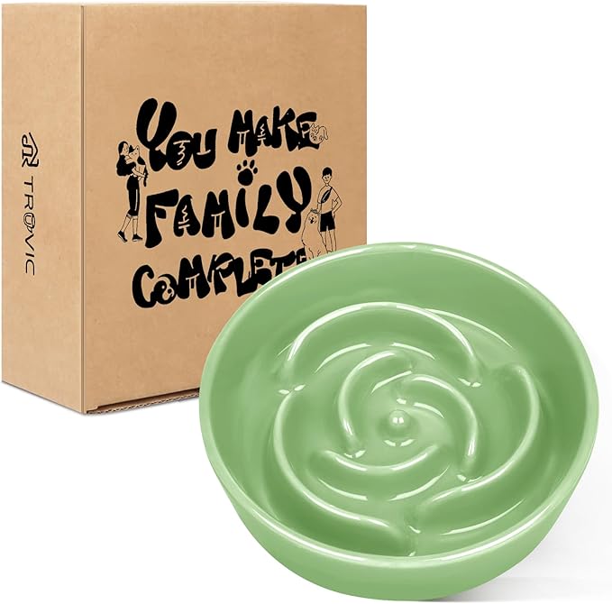 TRUVIC Ceramic Slow Feeder Dog Bowls Small Breed, 0.6 Cup Slow Feeder Cat Bowls for Fast Eaters, Ceramic Dog Food Dish no Black Chin, Puzzle Bowl for Small Dogs and Cats, Green