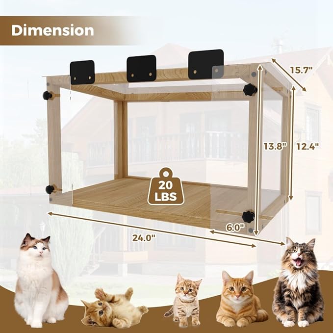 Cat Window Box, Cat cage, Wooden Window Perch House, Outdoor Hanging Enclosure with Solid Wood and Acrylic Panels, for Single-Hung Windows Measuring 24-35 Inch