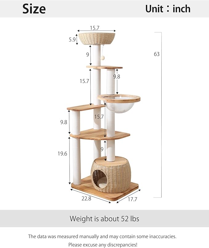 Wood Cat Tree for Large Cat, 63-Inch Tall Cat Tower with Scratching Post for Indoor Cats, Multi-Level Cat Condo with Hand-Woven Cat Bed and Acrylic Bowl Easy to Clean (White 81007s)