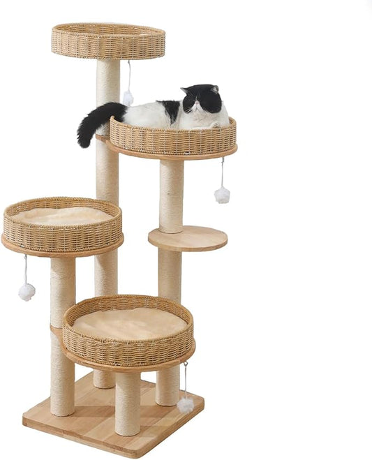Modern Cat Tree for Indoor Cats Large Adult, 54‘’ Tall Cat Tower with Scratching Post, Wooden Cat Tree for Large Cats with Multi-Levels, 4 Weaving Washable Handwoven Rattan Cat Condo