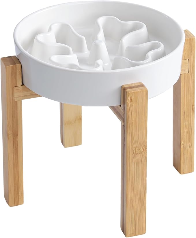 Slow Feeder,Ceramic-Slow Feeder Dog Bowls Elevated for Medium and Large Breed,2.5 Cups Slow Feed Dog Bowl with Stand,White
