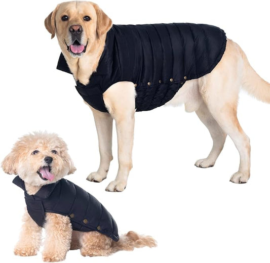 SPACE LION Dog Puffer Jacket, Down Winter Coat, Durable Outdoor Coat for Cold and Windy Conditions, Lightweight & Adjustable Fit Coats for Large Dogs, (Black, Size26/3XL)