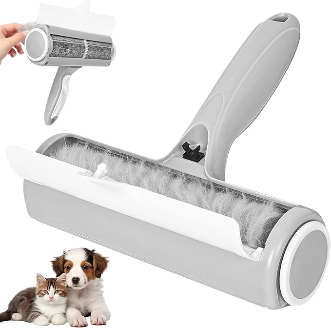 Pet Hair Removal Tool, Self Cleaning Pet Hair Remover, Reusable Lint Roller with Large Capacity Dust Bin, Ergonomic Grip for Furniture, Car Seats, Sofa, Carpet, Bed (Grey/White)