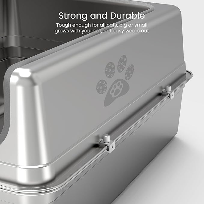 Enclosed Stainless Steel Cat Litter Box with Lid, Oversize Metal Litter Box for Multi Cats, Extra XXL Cat Toilet with High Side, Non-Stick, Anti-Leakage, Odorless, with Litter Mat & Litter Scoop