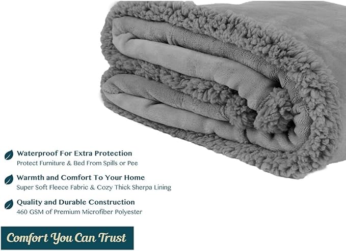 PAVILIA Waterproof Blanket for Couch, Sofa | Waterproof Dog Blanket for Large Dog, Puppy, Cat | Pet Blanket Protector | Plush Soft Warm Fuzzy Sherpa Blanket Bed Throw, Light Grey, 90x90