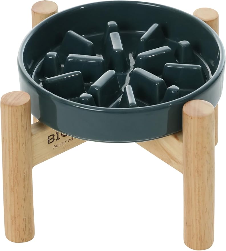 Ceramic Maze Dog Slow Feeder with Non-Slip Silicone Rim (& Bamboo Stand) – Heavy-Duty Stoneware Bowl with Puzzle Pattern for Bloating & Obesity Prevention (Raised-Blue-M)
