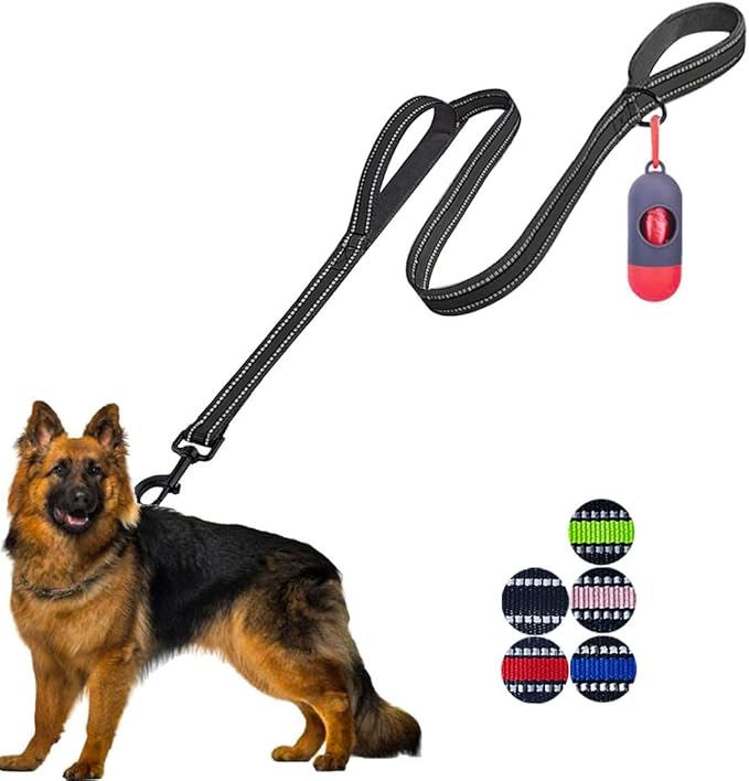 JSXD Heavy Duty Double Handle Dog Leash - 5 FT with Comfortable Padded and Reflective Rope, Suitable for Small to Large Dogs (Wide-Black)
