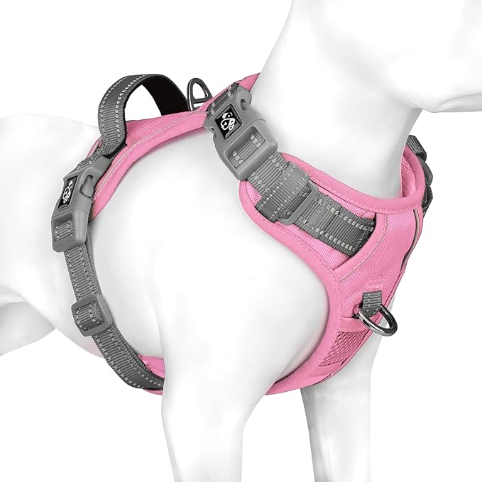 PHOEPET No Pull Dog Harness, Unique Colors Reflective Adjustable Dog Vest, with Soft Training Handle Metal Clips for Small Medium Large Dogs (Baby Pink Base & Grey Straps,XL)