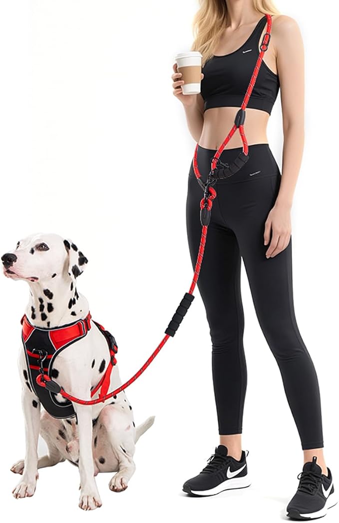 Cymiler Hands Free Dog Leash, 8 Ft Reflective Cross-Body Pet Rope Leashes with Sponge Handle, Heavy Duty Nylon, for Running, Hiking, Training, Waist Leash for Small Medium Large Dogs (Red)