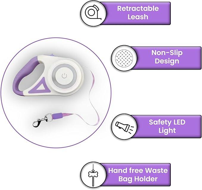 Best Dog Supplies | Pink Retractable Dog Leash with Light, Poop Bag Dispenser, Poop Bag Holder, 2 Elastic Ropes | Set of 4 (Purple)
