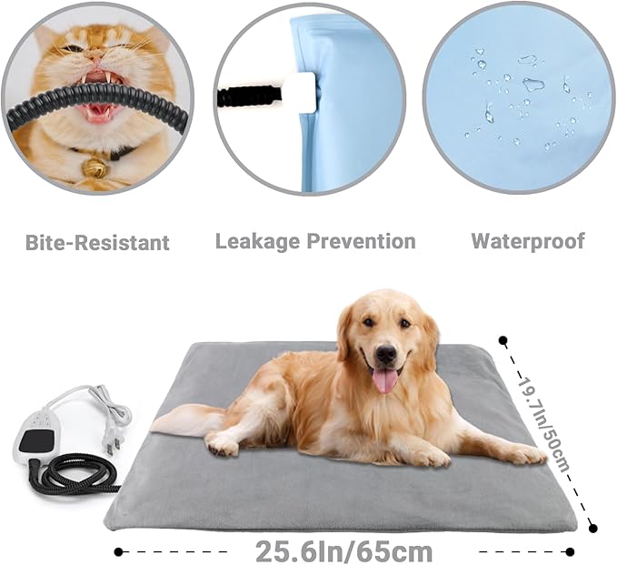 Pet Heating Pad for Dogs and Cats with Temperature Adjustable Timer, Indoor Outdoor Heated Bed with Overheating Protection and Warming Pad for Cat Dog House