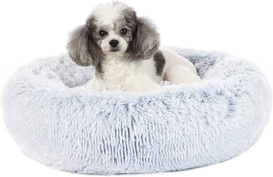 Bedfolks Calming Donut Dog Bed, 23 Inches Round Fluffy Dog Beds for Small Dogs, Machine Washable Anti-Anxiety Plush Puppy Bed（Light Blue, Small）