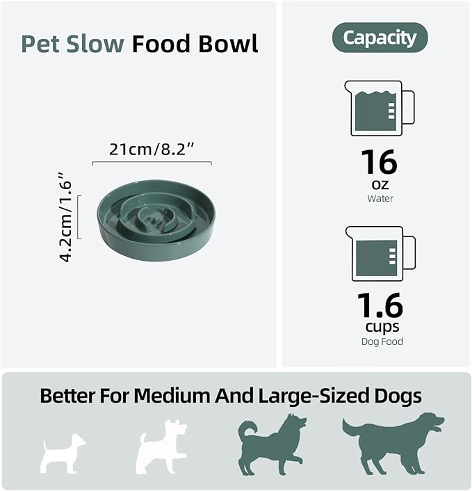 Ceramic 1.6 Cup Slow Feeder Dog Bowl for Medium and Large Breed, 8.2inch Puzzle Dog Food Dish, Anti-Gulping, Stop Bloat, Preventing Choking (Single Bowl-Dark Green)