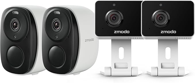Zmodo 4 Security Cameras – Indoor Mini Pro + Wireless Outdoor/Indoor Battery Cam – Night Vision, AI Motion Detection, 2-Way Audio, Alexa Compatible, Cloud/SD Storage