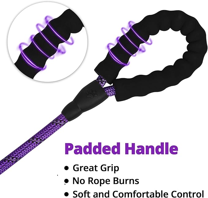 Rope Dog Leash 6 FT: Heavy Duty Leashes with Swivel Lockable Hook Reflective Threads Bungee and Padded Handle - Dog Lead for Large Small Medium Dogs Outside Walking Hiking Purple