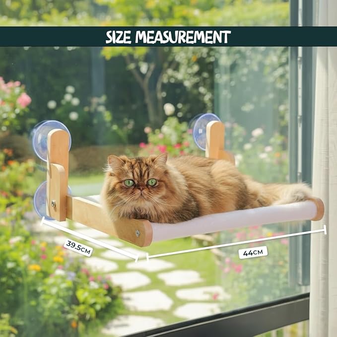 Foldable Cat Window Perch with Plush Furry Cover, Cat Hammock with Wooden Frame - Sturdy Suction Cups, No Drilling Required, Perfect for Indoor Cats & Kitchens, Easy to Clean