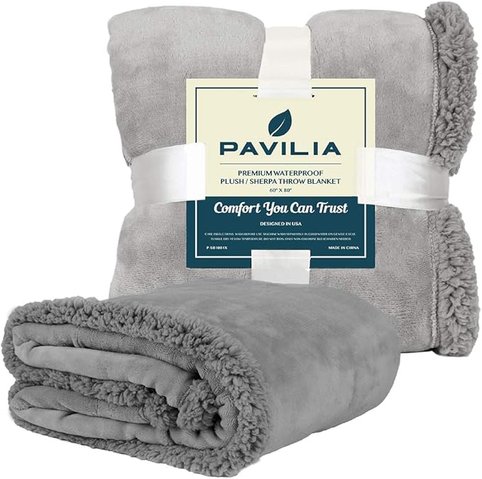 PAVILIA Waterproof Blanket for Couch, Sofa | Waterproof Dog Blanket for Large Dog, Puppy, Cat | Pet Blanket Protector | Plush Soft Warm Fuzzy Sherpa Blanket Bed Throw, Light Grey, 90x90