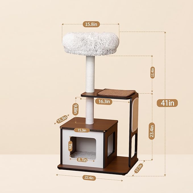 Cat Tree Tower for Small Cats, 41 Inch Wooden Multi-Level Cat Condo with Sisal Scratching Posts - Stable Activity Center, Plush Perch & Hanging Ball Toy