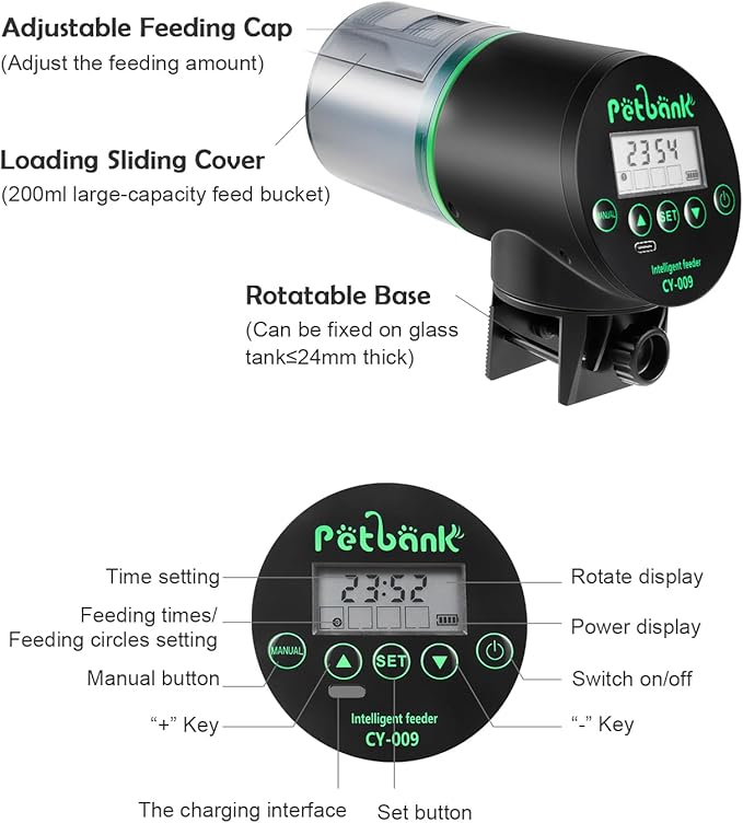 Automatic Fish Feeder for Aquarium - Rechargeable Fish Food Auto Dispenser Vacation Turtle Feeder with USB Charger Cable，LCD Screen, Customized Schedule，Black