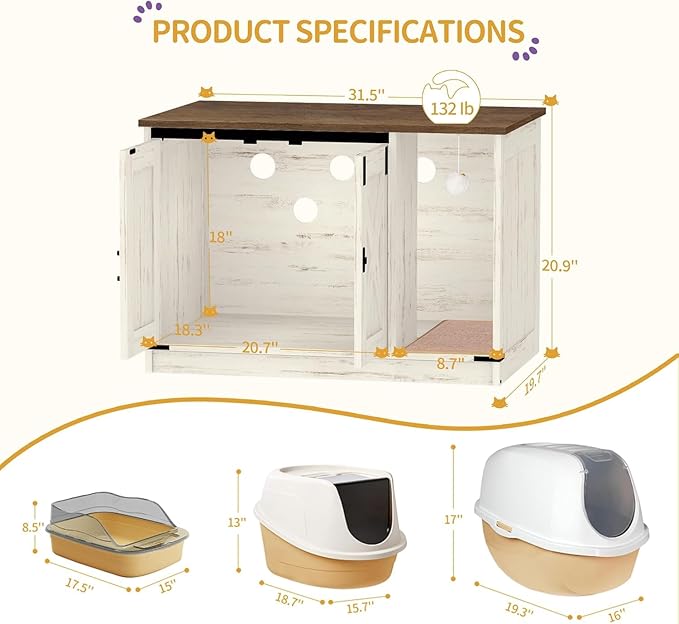 Cat Litter Box Enclosure, Hidden Litter Box Cabinet Furniture with Bell, Indoor Cats House, Farmhouse Style, 31.5 x 19.7 x 20.9Inches, for Hallway, Bedroom, Rustic Brown and White CB82414X