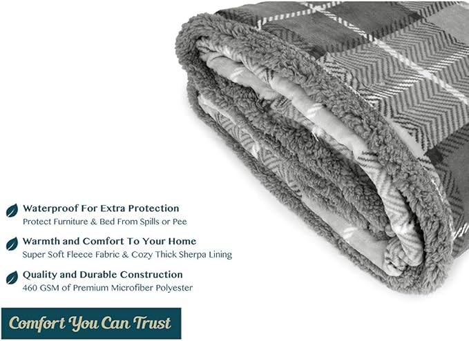 PAVILIA Waterproof Blanket for Couch, Sofa | Waterproof Dog Blanket for Large Dog, Puppy, Cat | Pet Blanket Protector | Plush Soft Warm Fuzzy Sherpa Blanket Bed Throw, Plaid Light Grey, 60x80