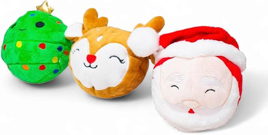 Flourish Pets 2 in 1 Christmas Multi-Layer Chew Toy for Active Dogs | Non-Toxic BPA Free Double Stitched Soft Fabric and Long-Lasting Dog Plush Toys - Christmas 3.5" (Pack of 3)