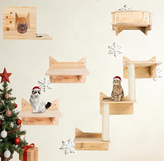 Cat Wall Shelves for Large Cats – 9-Piece Wooden Wall-Mounted Cat Shelves Set, Kitty Climbing System with Perches, Scratching Post & Condo House