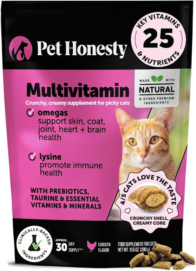 Cat Multivitamin Crunchy & Creamy Chews - Cat Treats for Health + Immune, Joint Support, Skin & Coat, & Digestion - Vitamins with Omega 3s, Lysine & Probiotics (30 Day Supply)