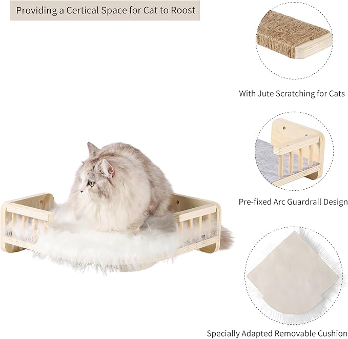 Cat Wall Shelves with 3 Steps Scratch Post, Climbing Shelf and Hammock for Indoor Cats (Wood)