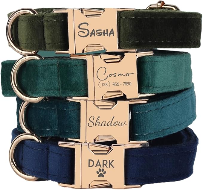Velvet Harness Set, Gift for Pet Owners, Custom Dog Collar Personalized Name and Phone Number, Custom Collar Leash for Dogs, Engraved Metal Buckle Collar (Small)